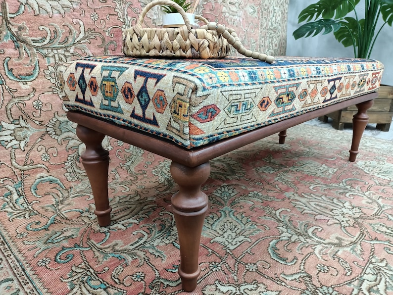 bedroom ottoman bench, wood bench, boho chair, dining table bench, ottoman bench seat, turkish rug bench, long ottoman bench, BENCH 160 Wood Color