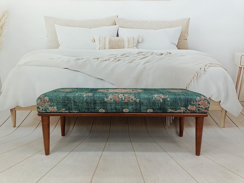 Floral Rug Bench, Upholstered Bench, Boho Piano Bench, Dressing Table Seat, Dining Chair, Kitchen Furniture, Wooden Shoe Bench, BENCH 885 image 2