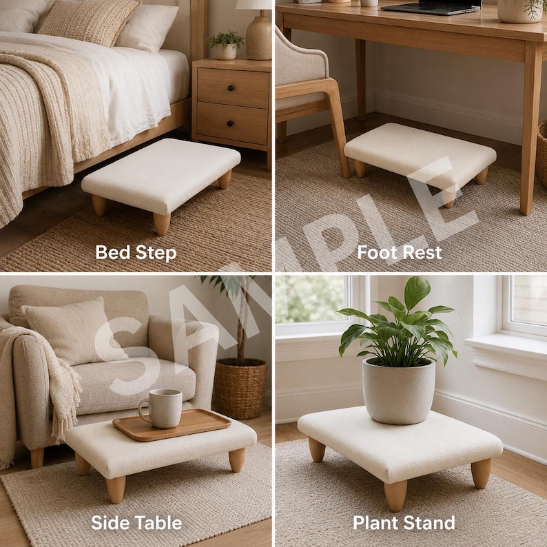 The image is a collage of four different types of furniture and plant stands, including a bed step, foot rest, side table, and plant stand, all arranged in a living room setting.