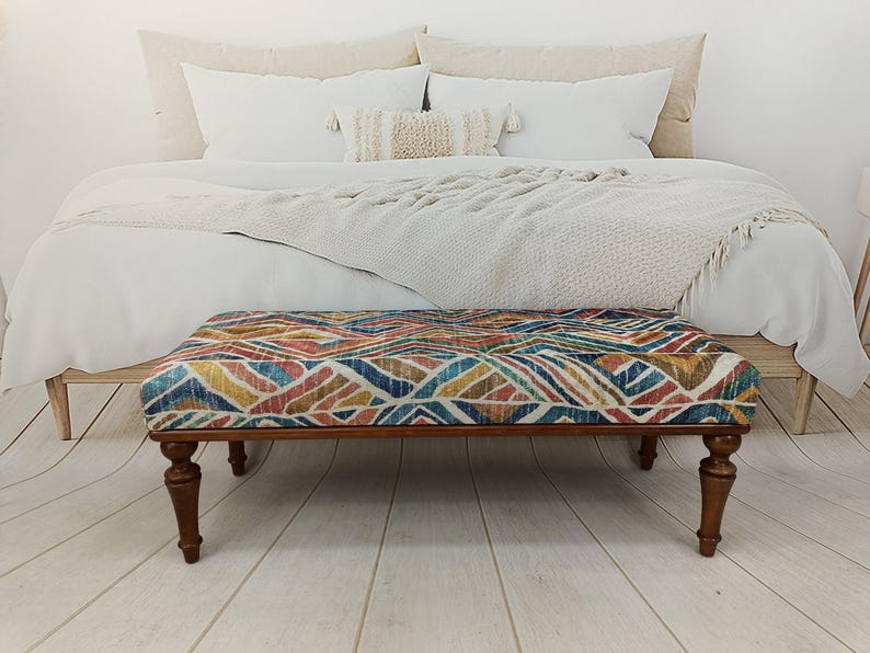 Otomana tapizada, mesa de centro de madera, banco de comedor moderno, banco reposapiés, banco con cojín, banco de esquina, mesa bohemia, BENCH 884 imagen 12