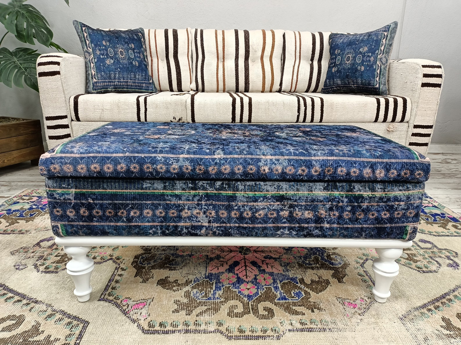 Bench for Entryway, Navy Blue Ottoman, Storage Chest, Cushioned