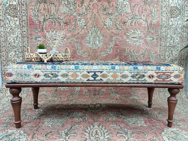 bedroom ottoman bench, wood bench, boho chair, dining table bench, ottoman bench seat, turkish rug bench, long ottoman bench, BENCH 160 image 2