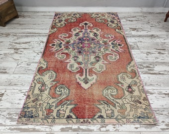 low pile rug, oushak rug, kitchen area rug, oriental rug, pink rug, throw rug, handmade rug, vintage turkish rug, 3.8 x 6.6 feet, VT 3840