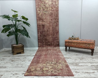 purple runner rug, guest runner, organic rug, entryway rug, long rug, pretty rug, turkish rug, vintage rug, wool rug, 3 x 12.7 ft VT 3978