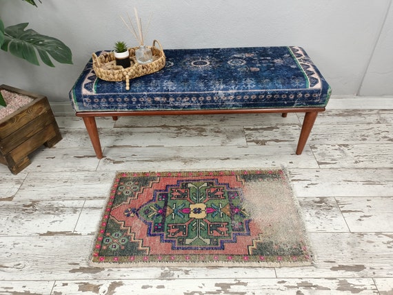 bath mat runner, pink green rug, front porch rug, boho decor rug, hallway mat, door mat, turkish vintage rug, wool rug, 1.8 x 2.9 ft VT 4122