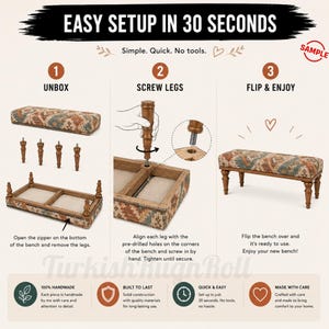 The image is a step-by-step guide on how to assemble a bench in 30 seconds, with illustrations and text to explain the process.