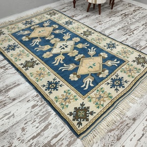 navy blue rug, oriental rug, vintage oushak rug, handknotted rug, turkish area rug, saloon rug, farmhouse rug, wool rug, 5.1x7.7 ft VT 4072 image 3