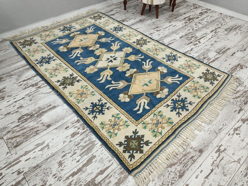 navy blue rug, oriental rug, vintage oushak rug, handknotted rug, turkish area rug, saloon rug, farmhouse rug, wool rug, 5.1x7.7 ft VT 4072 image 3