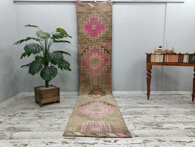 turkish oushak rug, eco friendly rug, rugs for stair, handmade wool rug, soft pile rug, vintage rug, ikat rug, long rug, 2.5x11.5 ft VT 4789 image 1