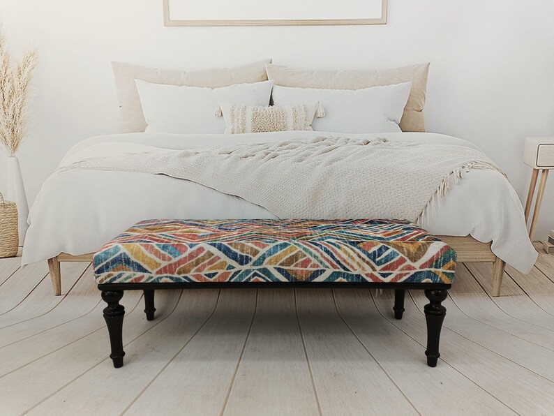 Otomana tapizada, mesa de centro de madera, banco de comedor moderno, banco reposapiés, banco con cojín, banco de esquina, mesa bohemia, BENCH 884 imagen 15