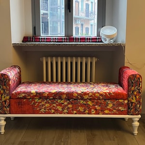 Gestoffeerde bank, bank met armen, tweezitsbank slaapkamer, kledingopberger, instapbank, levensboom, meditatiestoel, opbergbank, ST 18 x 51 77