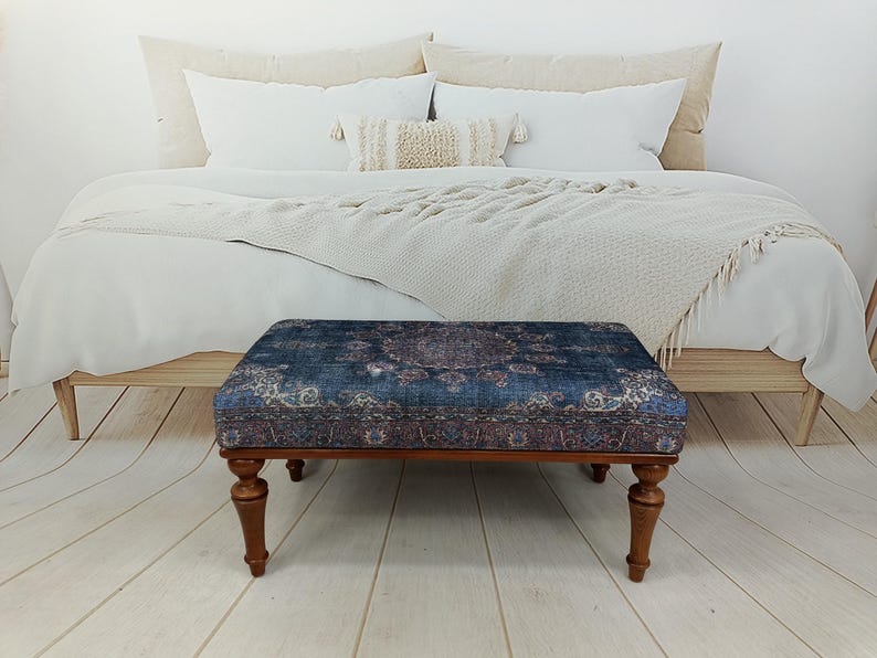 Handmade Furniture, Upholstered Bench, Hallway Bench, Wooden Coffee Table, Boho Chair, Kitchen seat, Navy rug Bench, Footstool , Bench 876 image 13