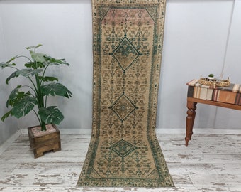 antique rug, vintage rug, rug with teal, boho rug, turkish rug, handmade wool rug, low pile rug, farmhouse rug, 3.4 x 10.2 ft, VT 4499