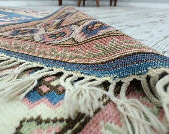 ピンクブルーラグ、ヴィンテージラグ、手織りラグ、玄関ラグ、キャビン