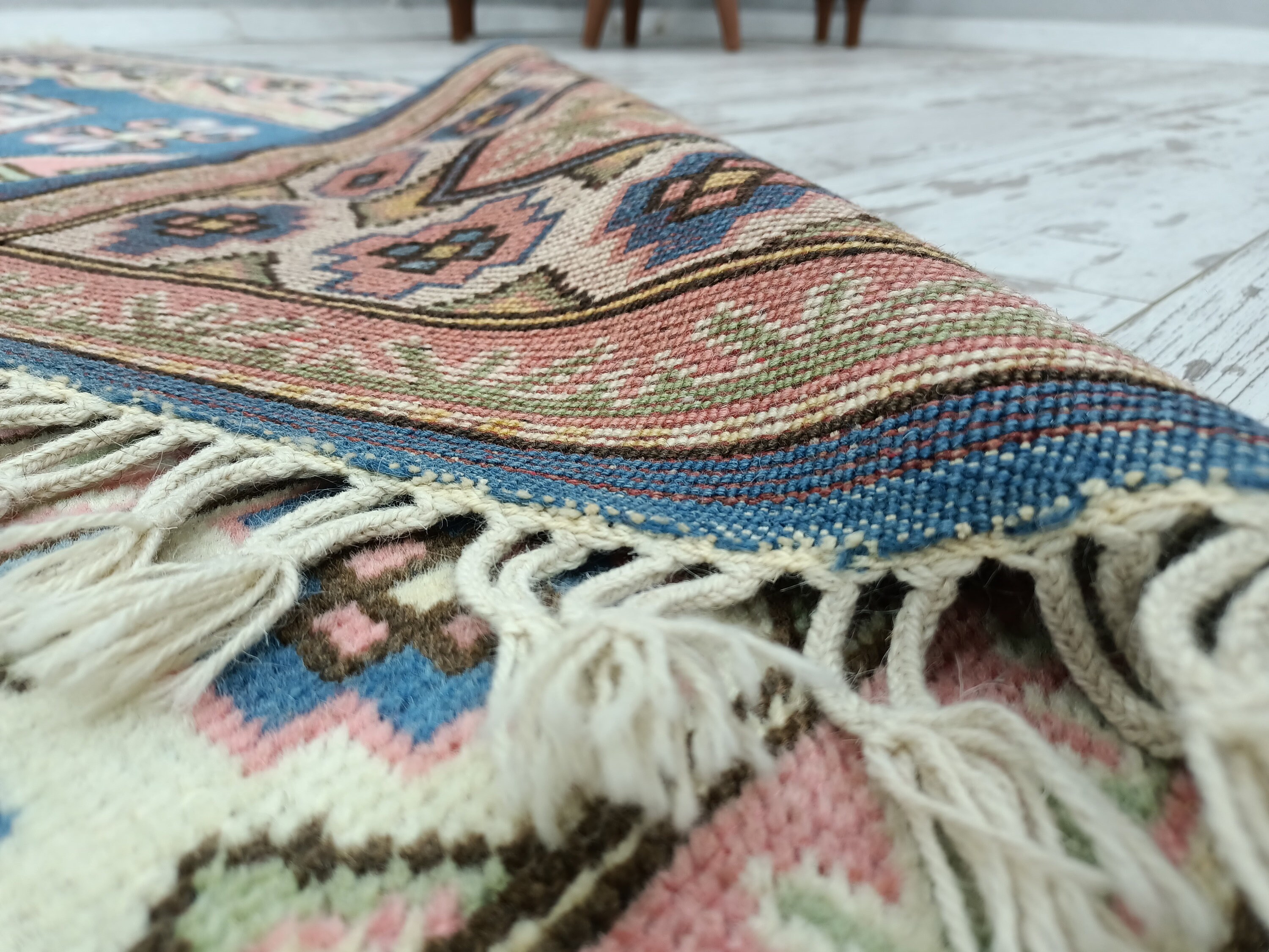 ピンクブルーラグ、ヴィンテージラグ、手織りラグ、玄関ラグ、キャビン