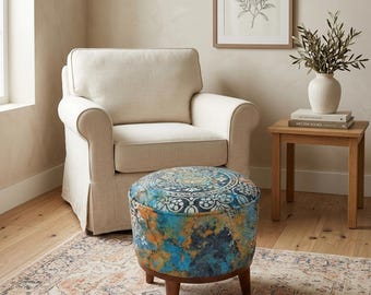 Taburete de tocador, taburete para mesa de tocador, puf otomano, taburete bohemio, silla auxiliar, taburete turco, puf redondo, banco con botones, reposapiés, FS 875