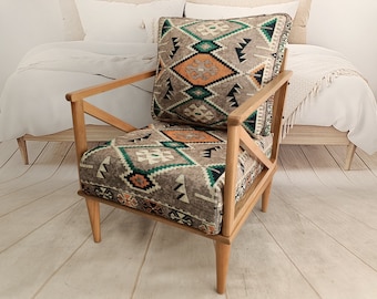 Kilim Stuhl, Seitenstuhl, Bürostuhl, Einzelsessel, Handgefertigte Möbel, Akzentstuhl, Esstischstuhl, Schreibtischstuhl, SOFA 38 Natural
