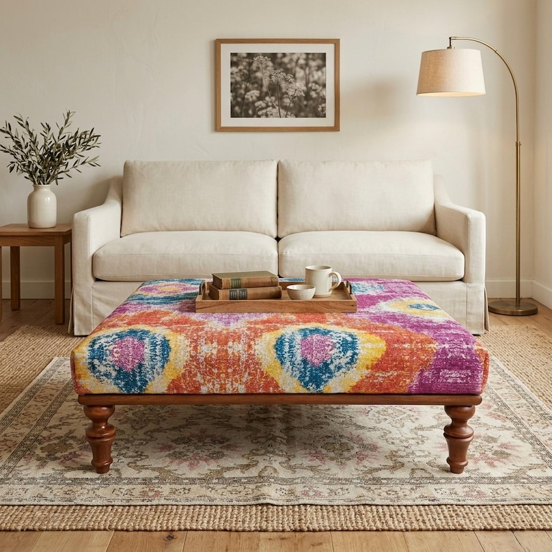 a cozy living room with a white sofa, a colorful patterned ottoman, and a wooden side table. A framed picture is hanging on the wall above the sofa, and a lamp is placed on the side table. The room has a warm and inviting atmosphere, with a rug on the floor and a vase of greenery on the side table.