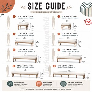 The image is a size guide that provides dimensions for various furniture pieces, such as benches and tables, along with their corresponding measurements. The guide is designed to help customers determine the appropriate size of the furniture based on their space and preferences.