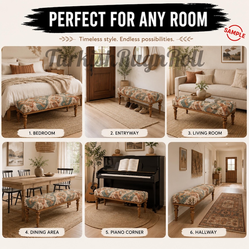 The image is a collage of six different interior design scenes, each depicting a unique piece of furniture or decor item. The scenes include a bed, a couch, a piano, a dining table, a rug, and a hallway. The collage is titled "Perfect for Any Room" and features a sample of the design.