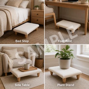 The image is a collage of four different types of furniture and plant stands, including a bed step, foot rest, side table, and plant stand, all arranged in a living room setting.