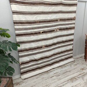 Puede incluir: Un textil a rayas blancas y marrones, posiblemente una alfombra o manta, cuelga verticalmente. El dise&ntilde;o presenta rayas horizontales marrones oscuras espaciadas uniformemente sobre un fondo blanco. Se ven parches de costura decorativa. El textil se exhibe en interiores.