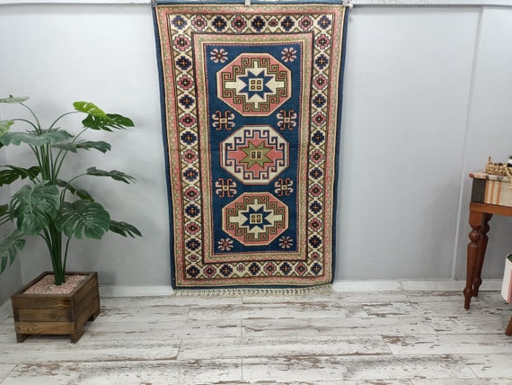 ピンクブルーラグ、ヴィンテージラグ、手織りラグ、玄関ラグ、キャビン