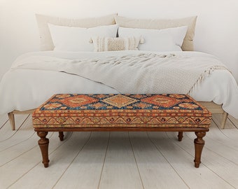 wood work bench, ottoman bench, handmade furniture, kitchen chair, piano bench, dining bench, sitting bench, turkish rug bench, BENCH 63