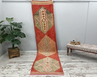 pink herki runner, turkish rug runner, geometric rug, rustic rug, stair rug, wool rug, vintage rug, eco friendly rug, 2.7 x 10.9 ft VT 3407