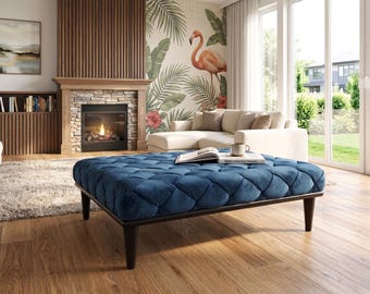 Otomana cuadrada tapizada en terciopelo azul / Mesa de centro de estilo moderno de mediados de siglo, 36x36'' KM-13