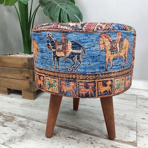Handmade Ottoman Bench, Horse Pattern, Turkish Footstool