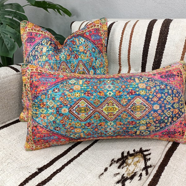 ethnic pillow, pink blue pillow, oriental pillow, oushak pillow, lumbar pillow, minimalist pillow, boho pillow cover, retro pillow, PT 40