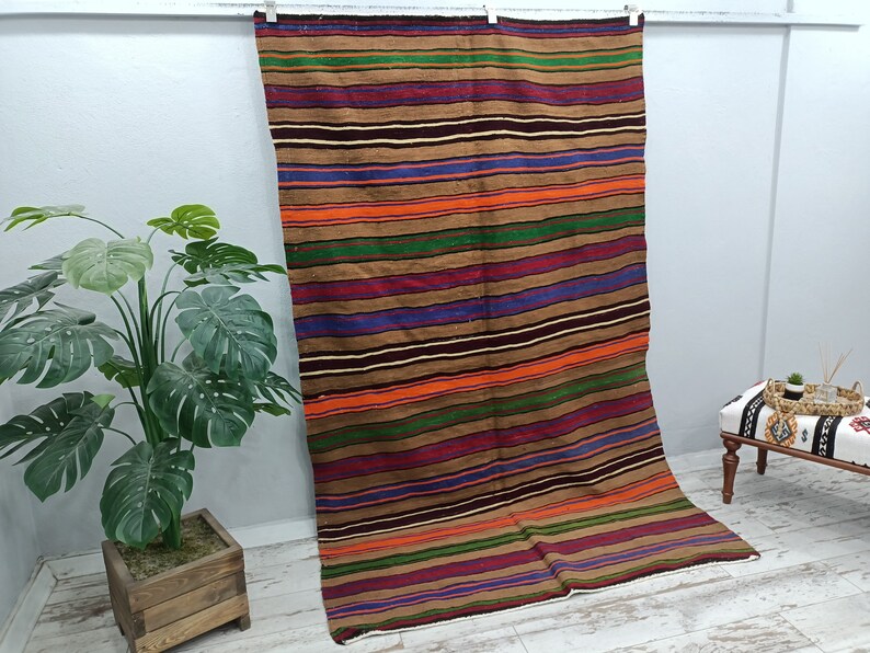 May include: A striped rug with brown, orange, green, purple, and blue stripes. The rug is hanging on a white wall with a plant in a wooden pot in the foreground.
