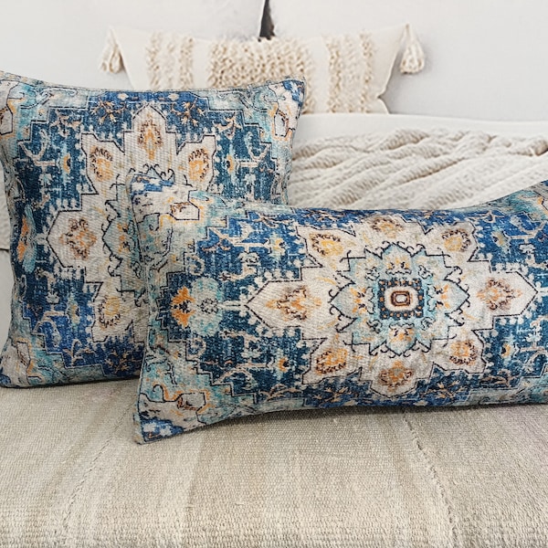 lumbar pillow, pillow with flowers, blue pillow cover, throw decor pillow, authentic pillow, mini pillow sham, beeding pillow, PT 869