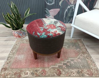 Red Floral Kilim Stool | Dark Leather Textured Base | Vintage Round Footstool