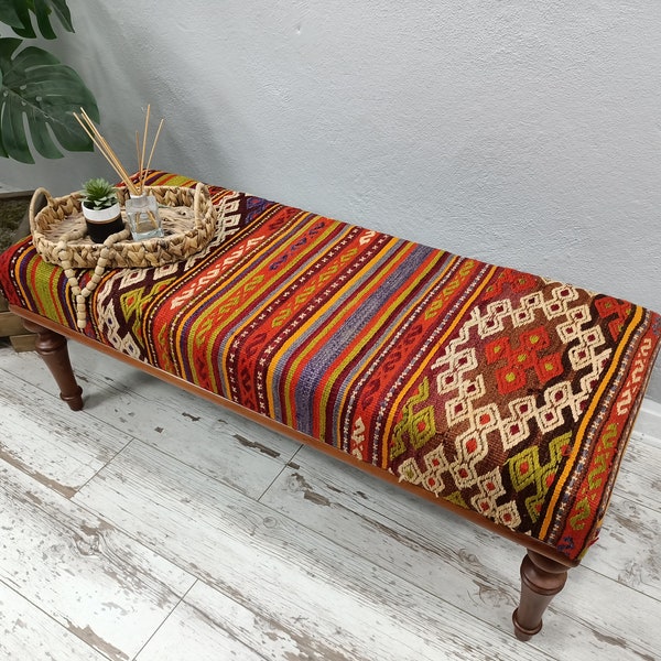 Upholstered Bench, Bedroom Bench, Vintage Kilim Bench, Ottoman Coffee Table, Handmade Furniture, Dining Room Bench, 18x18x48'' BENCH 640