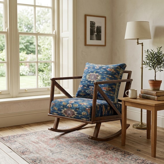 Blue armchair, Wood rocking chair, Wood working chair, Patio furniture, Outdoor furniture, Sitting chair, Father chair, RC 57