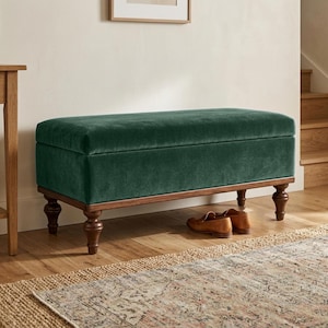 Teal Velvet Storage Bench | End of Bed Seat | Organic Modern Bedroom Ottoman