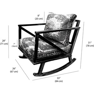 a black and white photo of a rocking chair with measurements and dimensions provided.