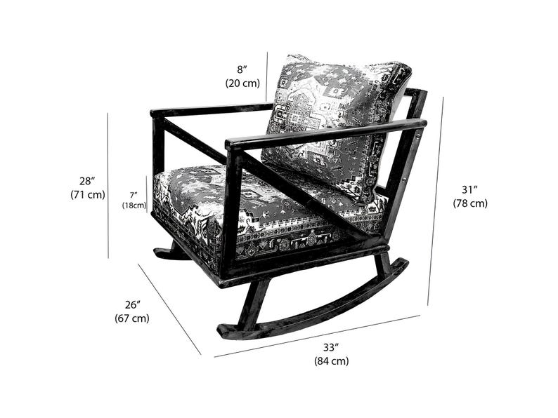 a black and white photo of a rocking chair with measurements and dimensions provided.