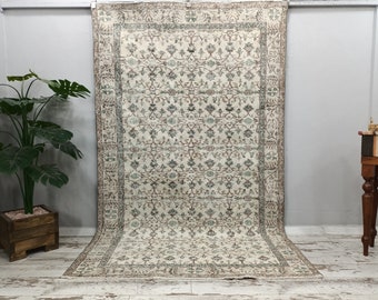 bordered rug, rug with teal, large size rug, handmade rug, vintage rug,  hall rug, area rug, low pile rug, turkish rug, 5.6 x 9.1 ft VT 4216