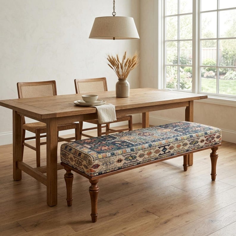 a cozy dining area with a wooden table, two chairs, and a bench with a colorful patterned seat. The table is set with a white bowl and a vase of dried flowers, creating a warm and inviting atmosphere. The room has a large window that provides a view of the outdoors, and the wooden floor adds a touch of rustic charm to the space.