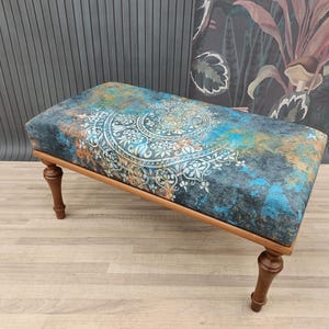 Upholstered Bench, Dining Bench, Entryway Bench, End Table Ottoman, Boho Bedroom Bench, Blue rug bench, Wooden Bench, Bench 875
