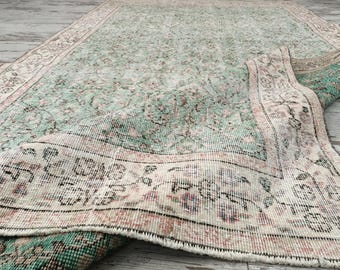 bohemian oushak rug, light green rug, handmade wool rug, eco friendly rug, vintage rug, blosoom rug, turkish rug, 5.4x9.2 ft, VT 5510