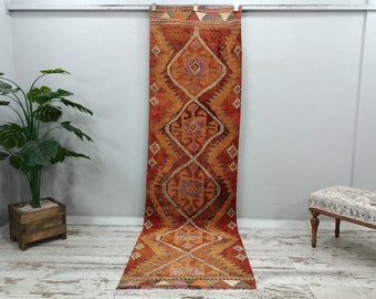 Alfombra de lana hecha a mano, alfombra para escalones, alfombra suave, alfombra vintage, alfombras para cocina, alfombra anudada a mano, alfombra turca Herki, 3x9.5 pies, VT 5430