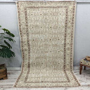 turkish rug, area rug, vintage rug, bohemian rug, beige rug, handmade rug, home decor rug, oushak rug, floral rug, 5.4 x 9.1 feet, VT 2549
