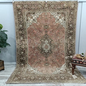 Handmade rug, Turkish rug, Oushak rug, Area rug, Living room rug, Pink rug, Faded rug, Floral rug, Boho decor rug, 6.4x9.2 ft, VT 1438 image 1