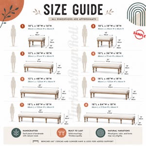 The image is a size guide that provides dimensions for various furniture pieces, such as benches and tables, along with their corresponding measurements. The guide is designed to help customers determine the appropriate size of the furniture based on their space and preferences.