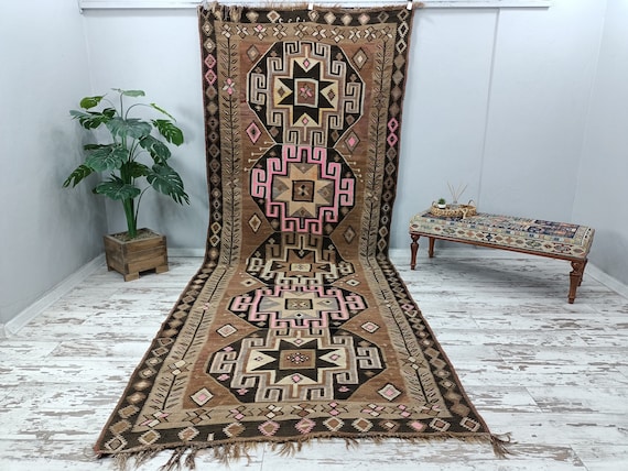 handwoven kilim rug, large turkish rug, oushak area rug, vintage rug, farmhouse rug, nomadic rug, ikat runner rug, 5.2 x 13.8 ft VT 3171