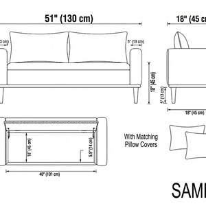 The image is a detailed technical drawing or diagram of a sofa, including measurements and dimensions for various parts of the furniture.